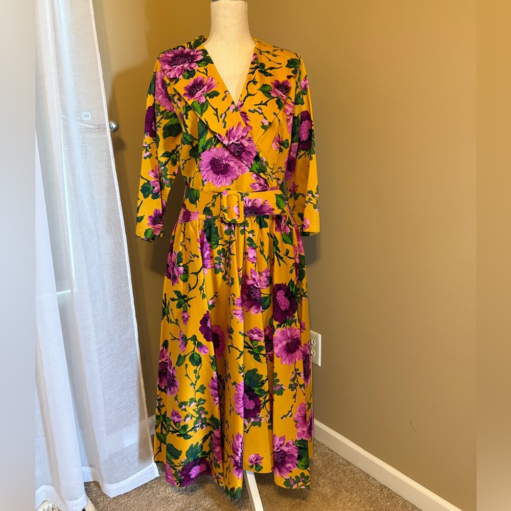 Pinup Couture Yellow and Purple Floral 3/4 Sleeve Dress